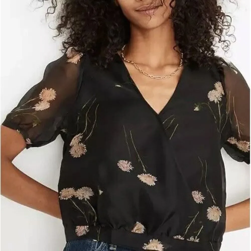 Madewell‎ Silk Organza Wrap Top Women XS Black Floral Puff Sleeve MA826